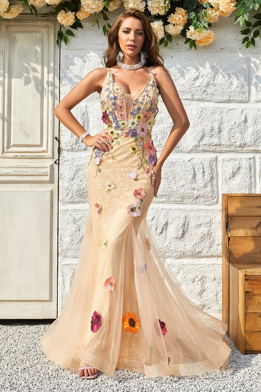 Mermaid Deep V Neck Champagne Long Prom Dress with Criss Cross Back