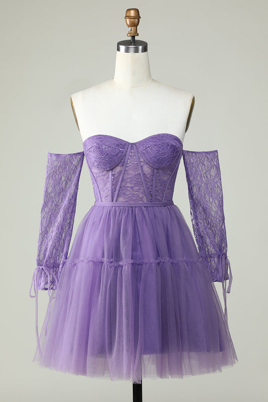 A Line Off the Shoulder Purple Corset Homecoming Dress with Long Sleeves