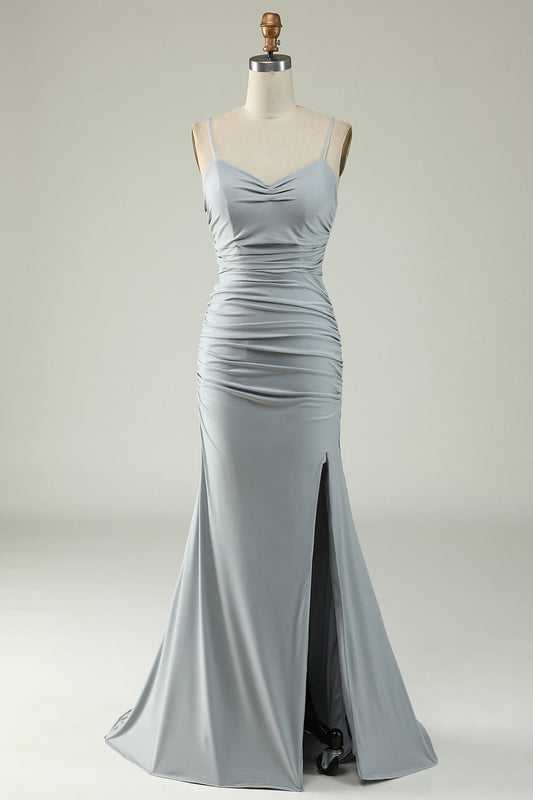 Mermaid Spaghetti Straps Grey Plus Size Prom Dress with Criss Cross Back