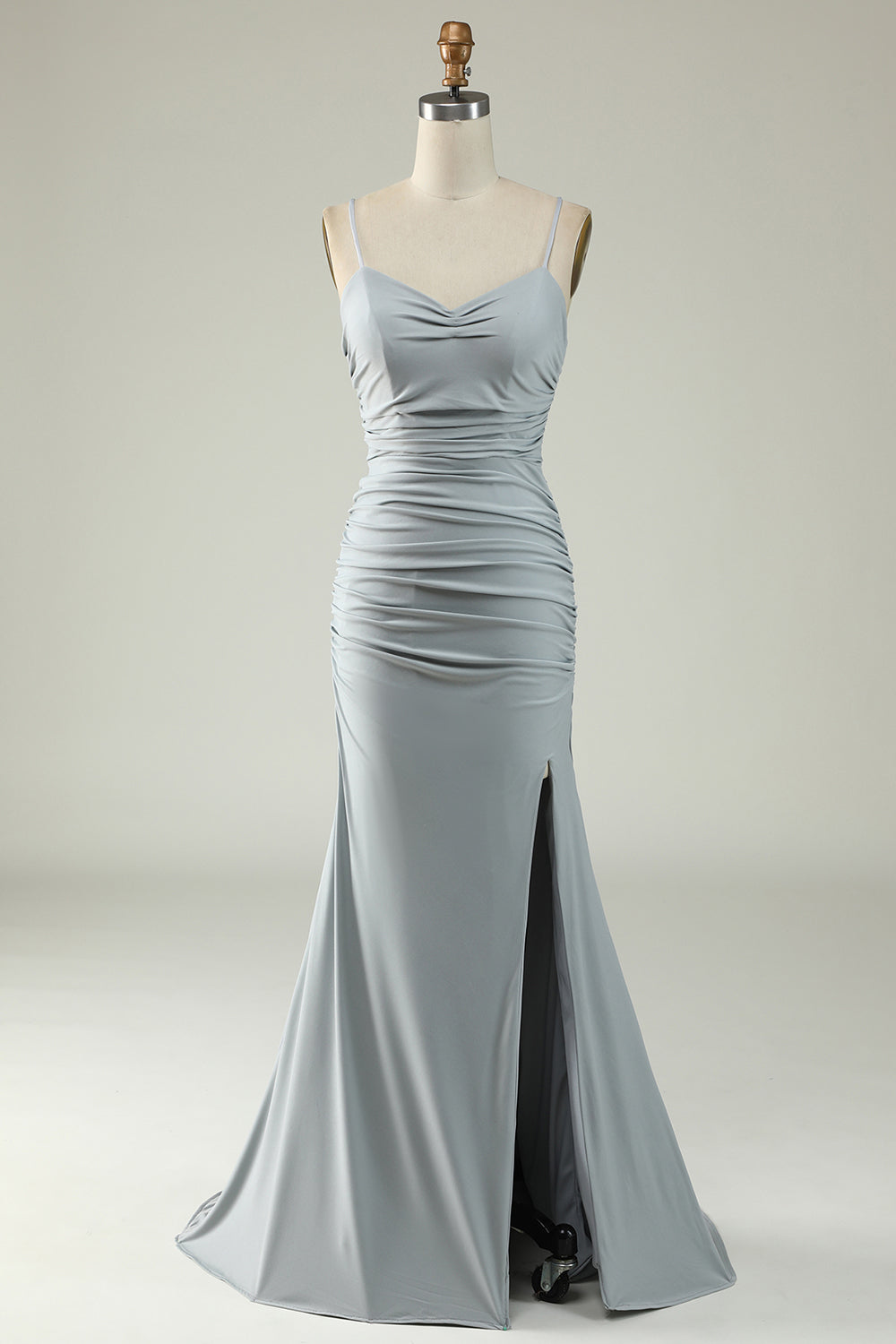 Mermaid Spaghetti Straps Grey Long Prom Dress with Criss Cross Back