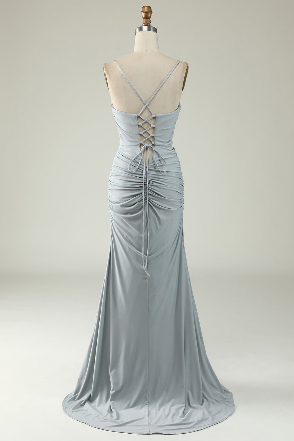 Mermaid Spaghetti Straps Grey Long Prom Dress with Criss Cross Back