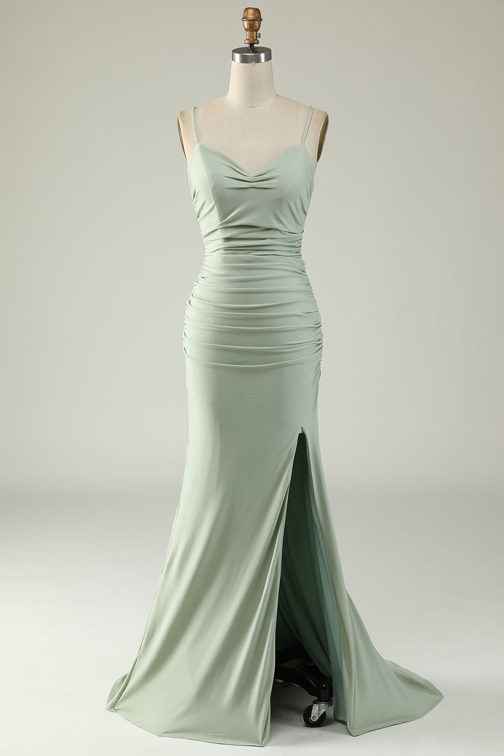 Mermaid Spaghetti Straps Grey Long Prom Dress with Criss Cross Back