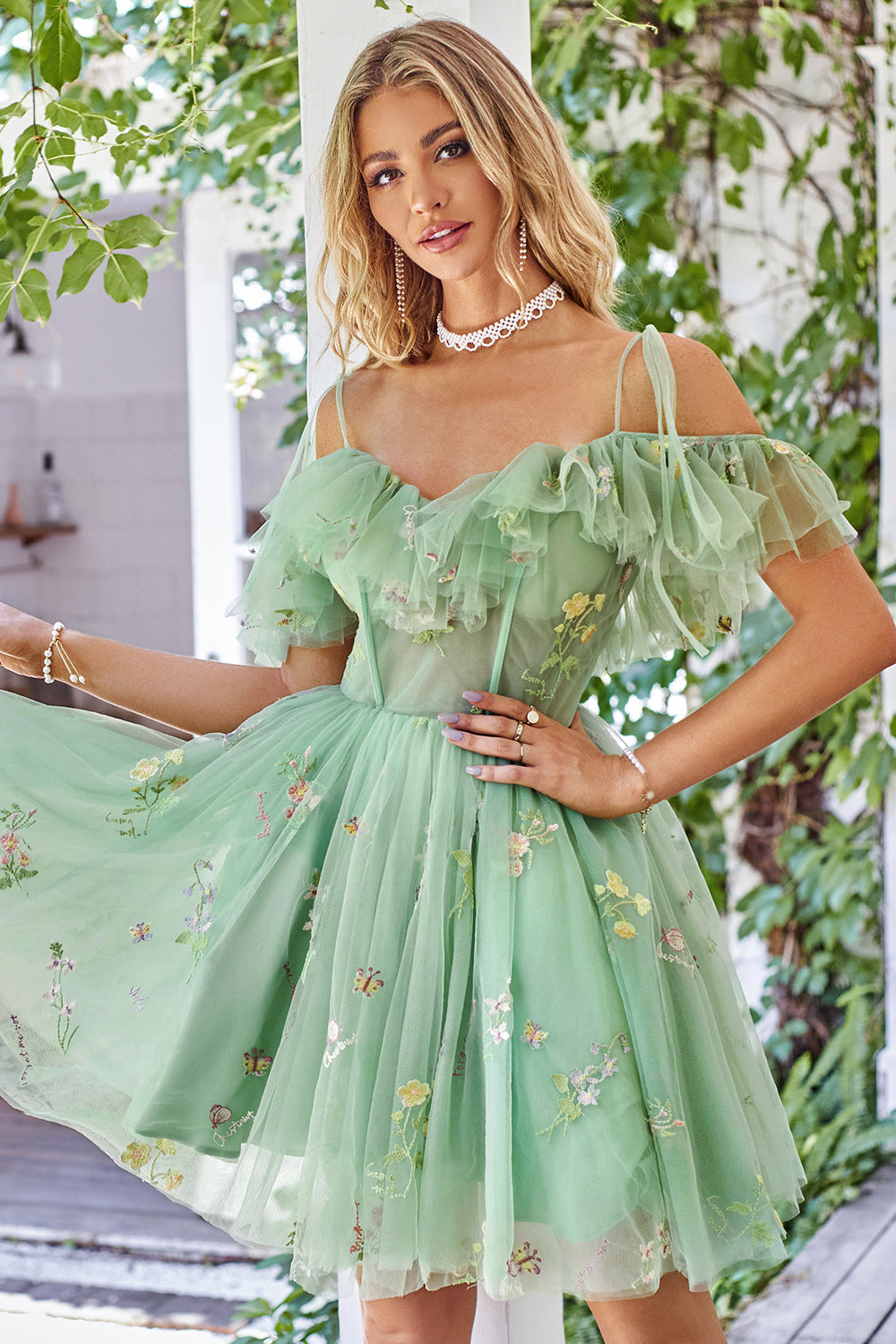 Off the Shoulder Ruffles Tulle Homecoming Dress with Embroidery