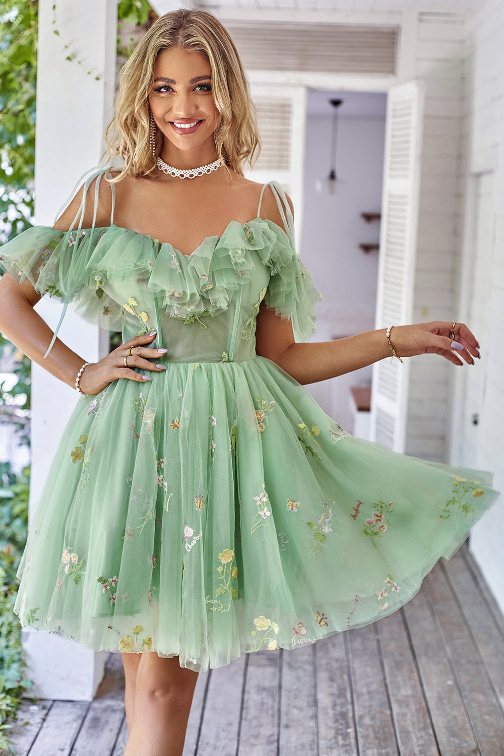 Off the Shoulder Ruffles Tulle Homecoming Dress with Embroidery