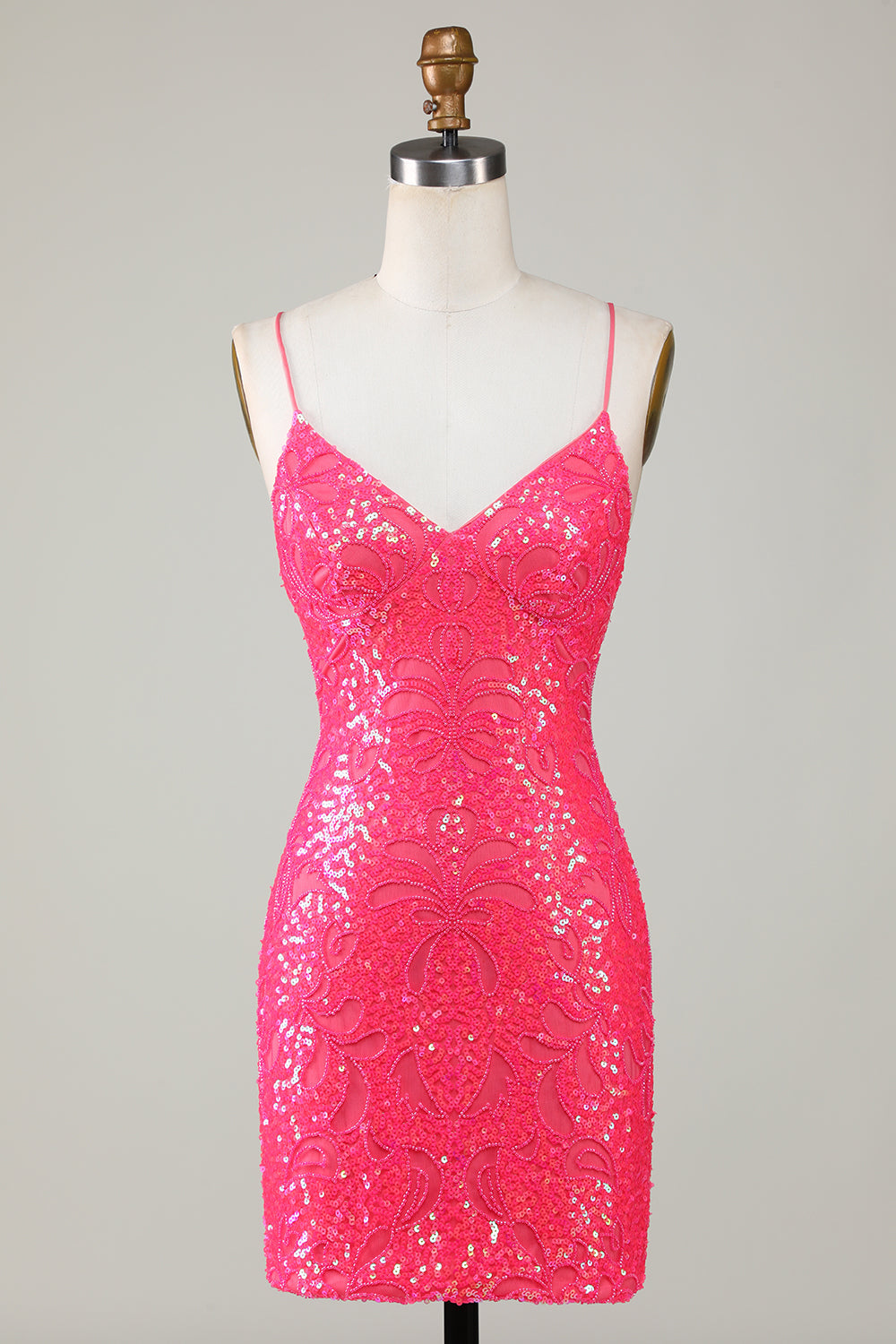 Unique Sparkly Fuchsia Beaded Tight Short Homecoming Dress