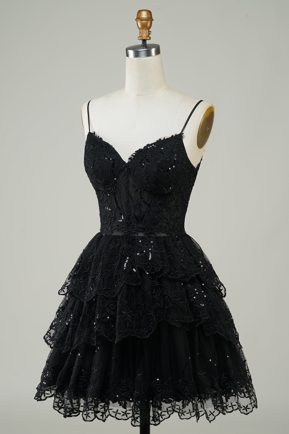 Gorgeous A Line Spaghetti Straps Black Sparkly Corset Homecoming Dress