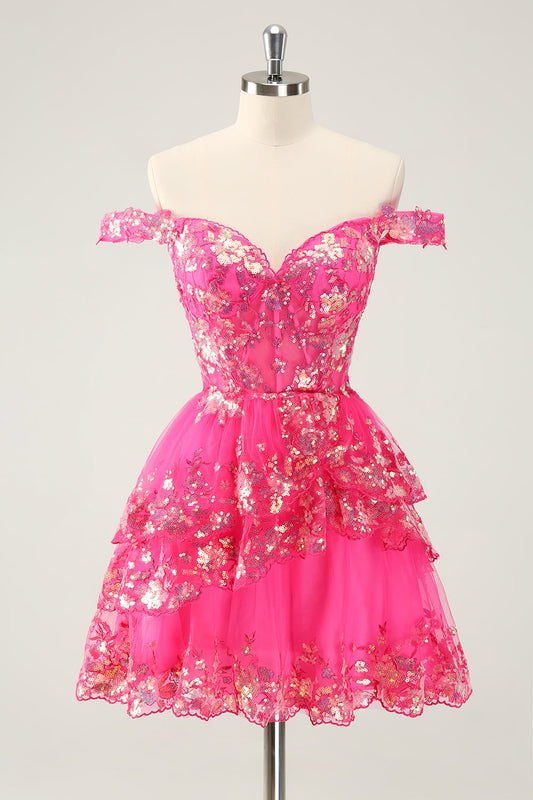 Cute Sparkly Hot Pink A Line Tiered Corset Lace Short Homecoming Dress