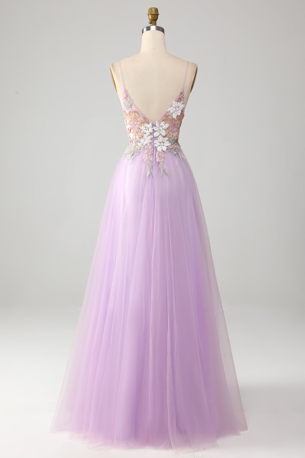 Glitter A-Line Spaghetti Straps Lilac Long Prom Dress with Flowers