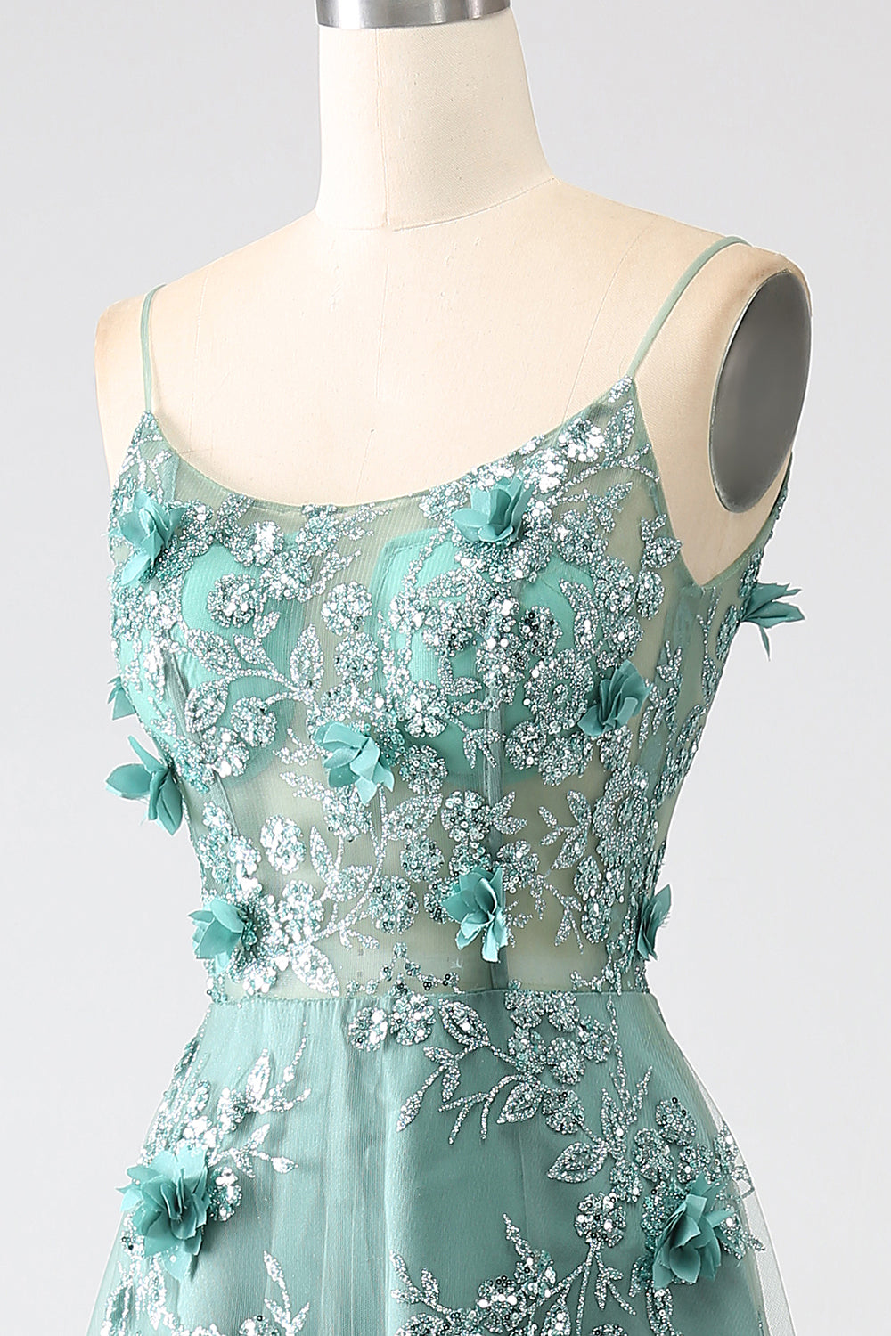 Glitter Grey Green Lace Flower Long Corset Prom Dress