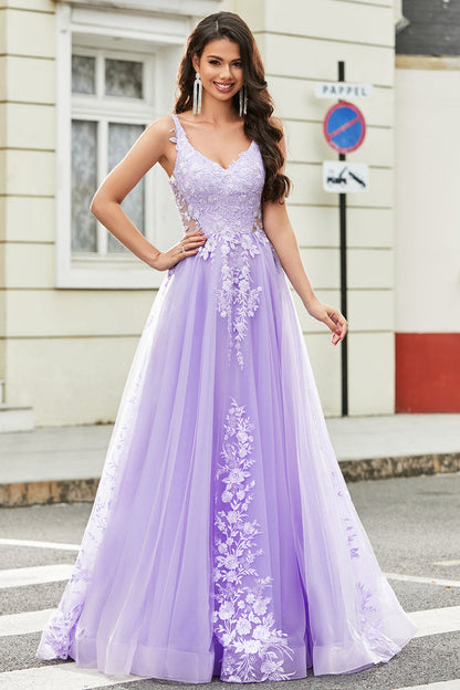 Gorgeous A Line Spaghetti Straps Lilac Tulle Long Prom Dress with Appliques