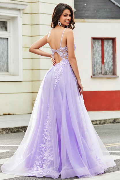 Gorgeous A Line Spaghetti Straps Lilac Tulle Long Prom Dress with Appliques