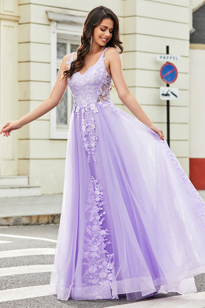 Gorgeous A Line Spaghetti Straps Lilac Tulle Long Prom Dress with Appliques