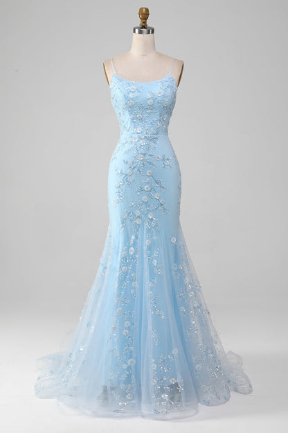 Mermiad Blush Spaghetti Straps Prom Dress with Appliques