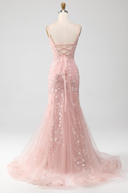 Mermiad Blush Spaghetti Straps Prom Dress with Appliques