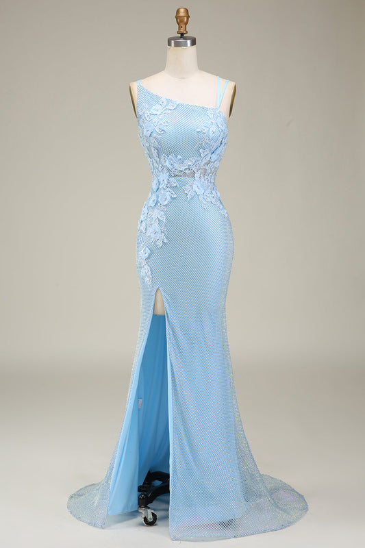 Stylish Mermaid Light Blue Long Prom Dress with Appliques