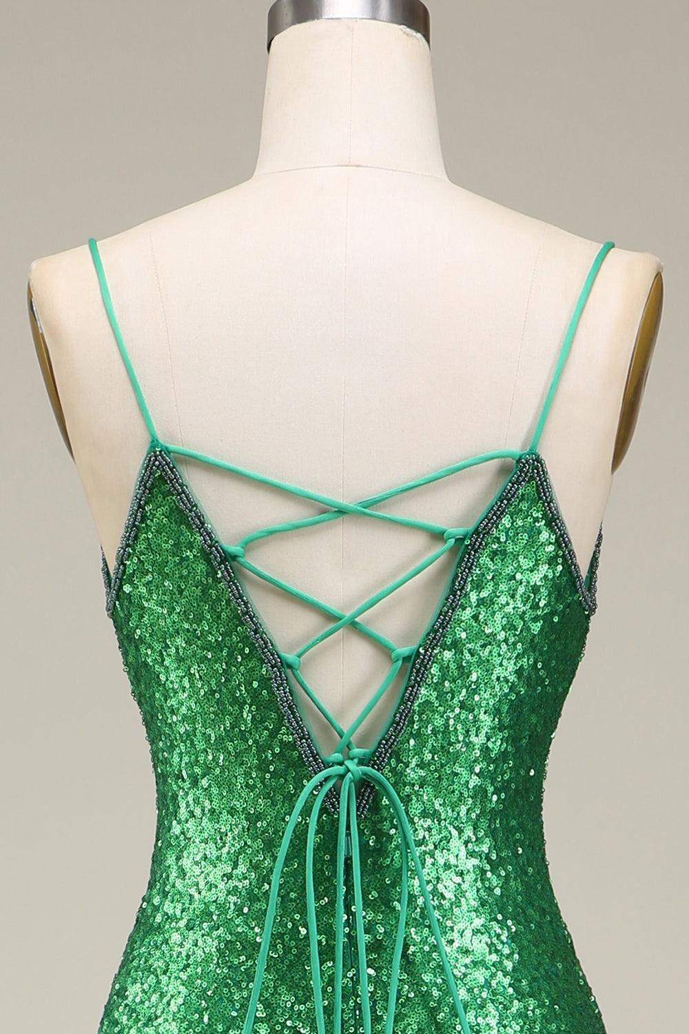 Sparkly Mermaid Spaghetti Straps Green Sequins Long Prom Dress with Split Front