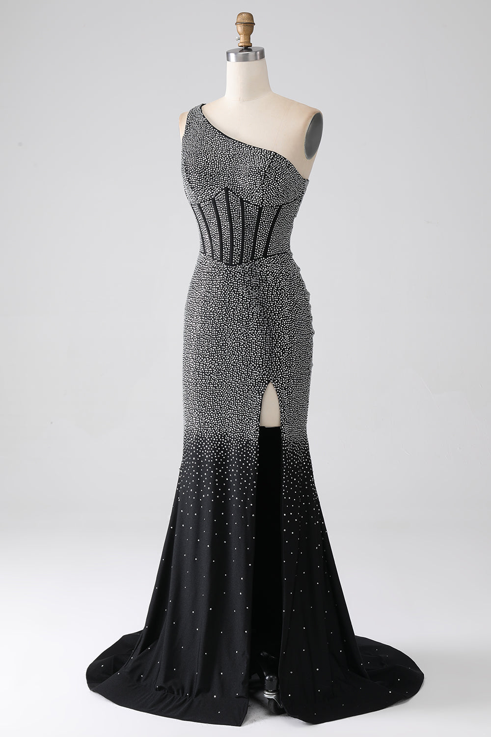 Sparkly Black Mermaid One Shoulder Corset Prom Dress