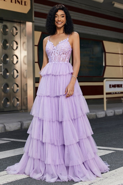 Purple Princess A Line Spaghetti Straps Corset Prom Dress with Appliques Ruffles