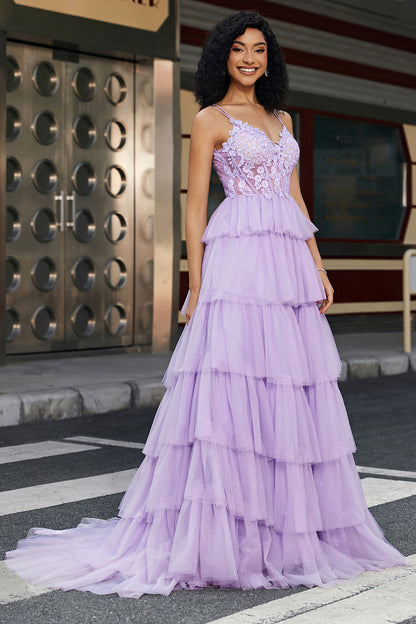 Purple Princess A Line Spaghetti Straps Corset Prom Dress with Appliques Ruffles