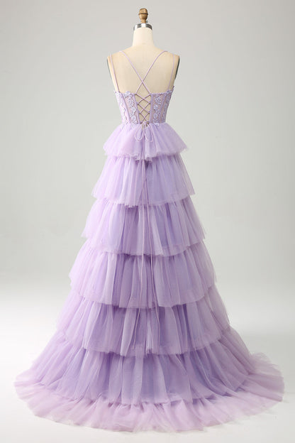 Lilac Tulle Tiered Princess Corset Prom Dress with Appliques