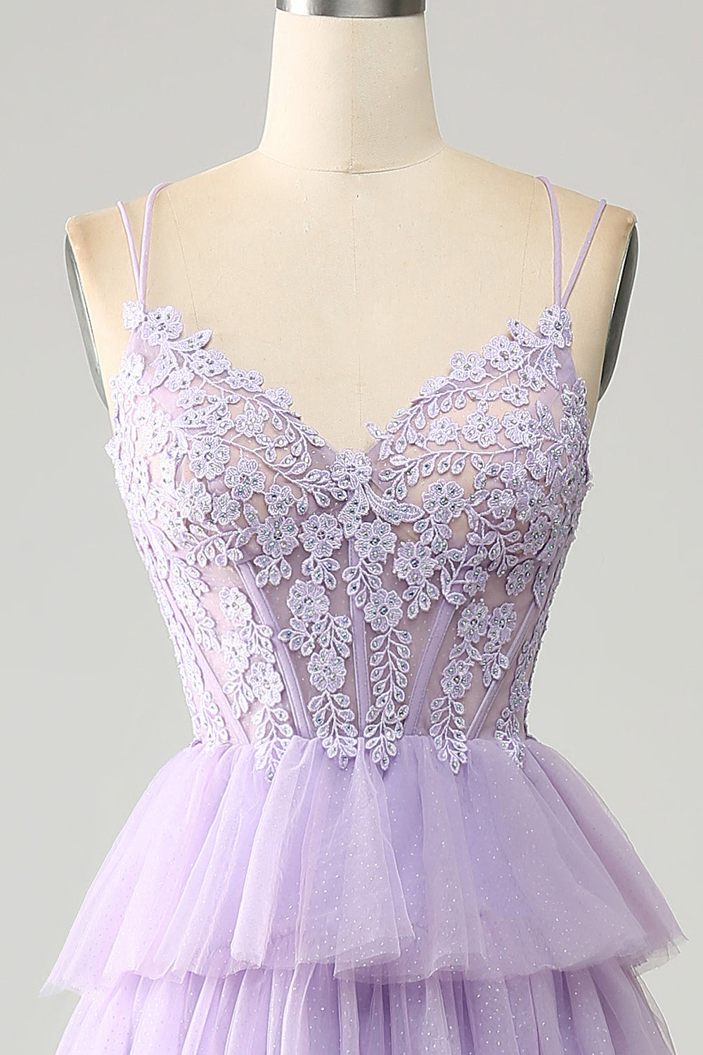 Lilac Tulle Tiered Princess Corset Prom Dress with Appliques