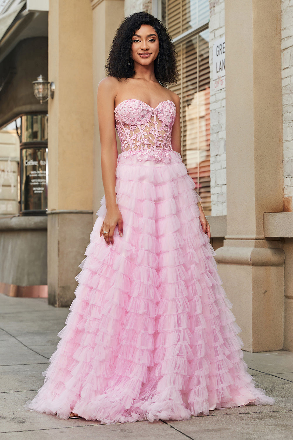 Pink A-Line Strapless Tiered Long Corset Prom Dress with Lace