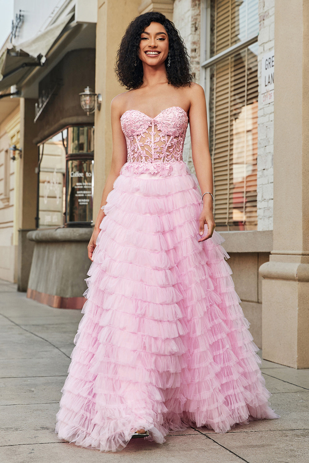 Pink A-Line Strapless Tiered Long Corset Prom Dress with Lace