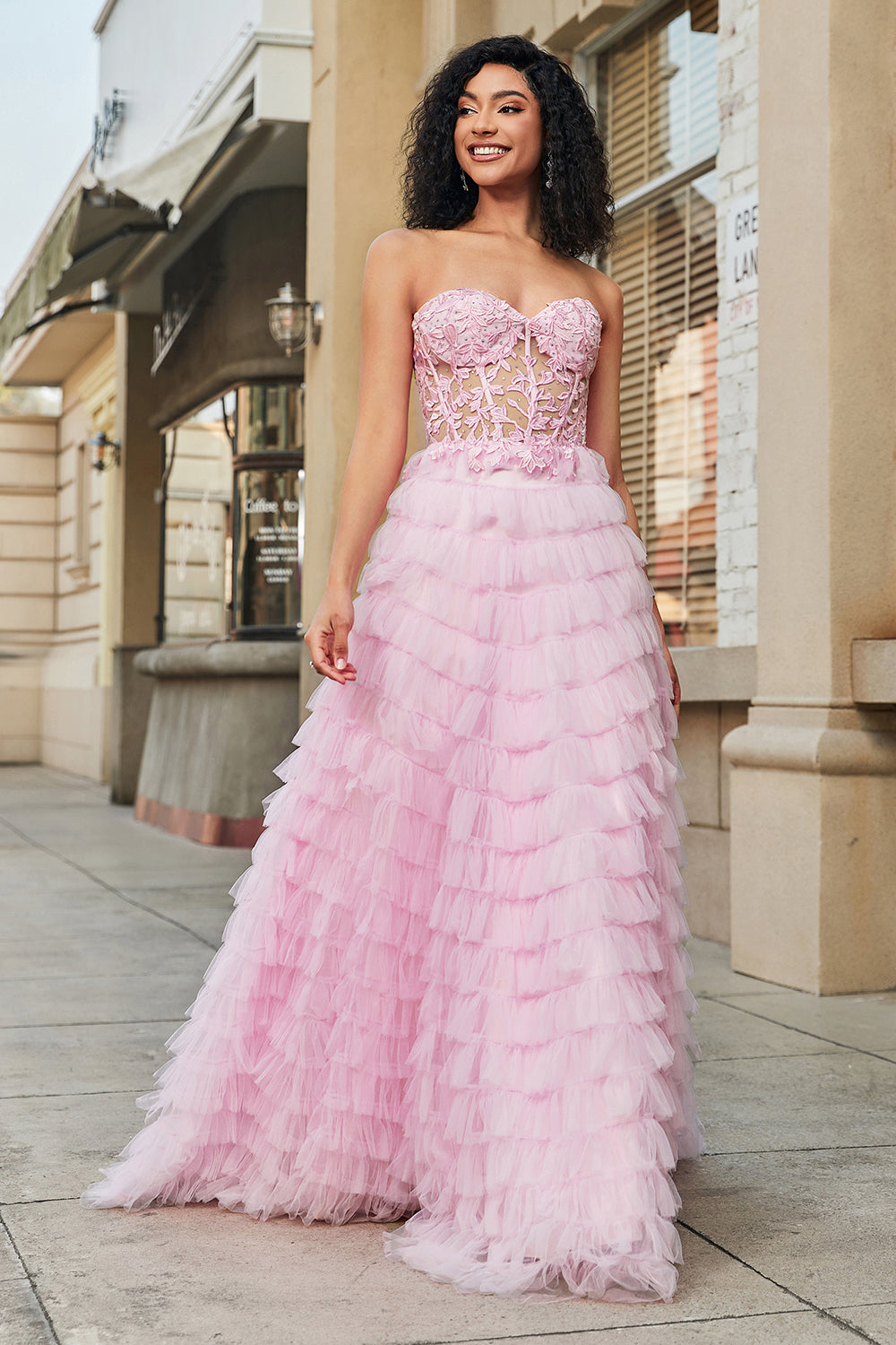 Pink A-Line Strapless Tiered Long Corset Prom Dress with Lace