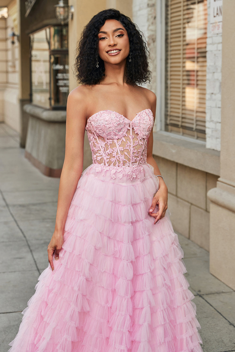 Pink A-Line Strapless Tiered Long Corset Prom Dress with Lace