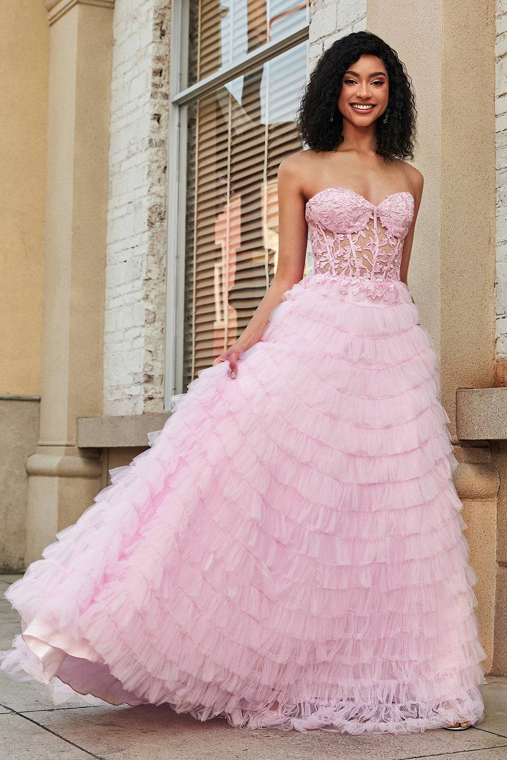 Pink A-Line Strapless Tiered Long Corset Prom Dress with Lace