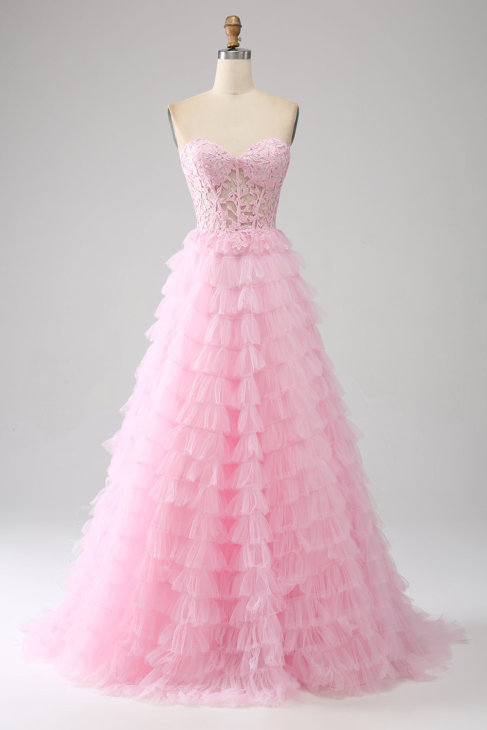 Pink A-Line Strapless Tiered Long Corset Prom Dress