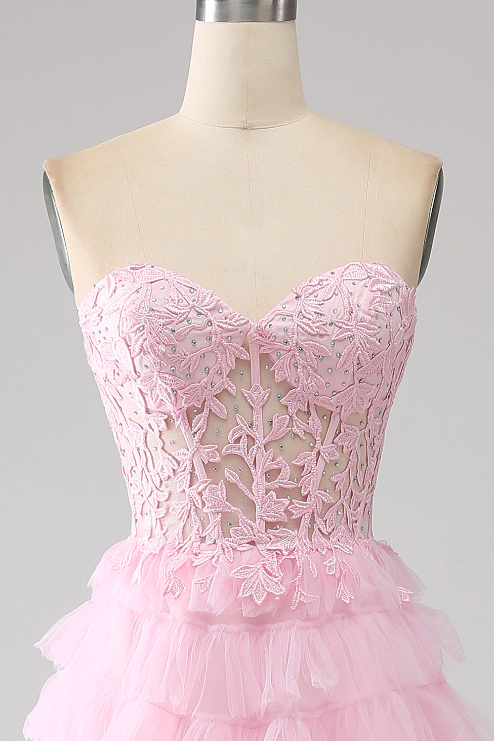 Pink A-Line Strapless Tiered Long Corset Prom Dress