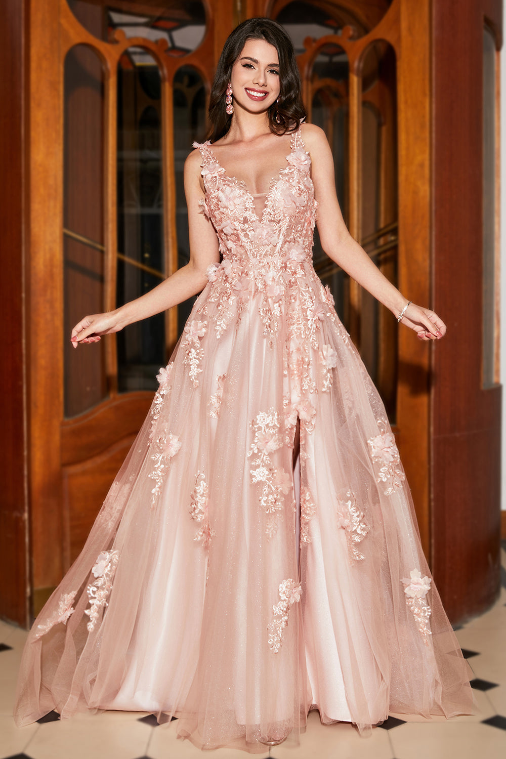 A-Line Spaghetti Straps Blush Long Prom Dress with Appliques