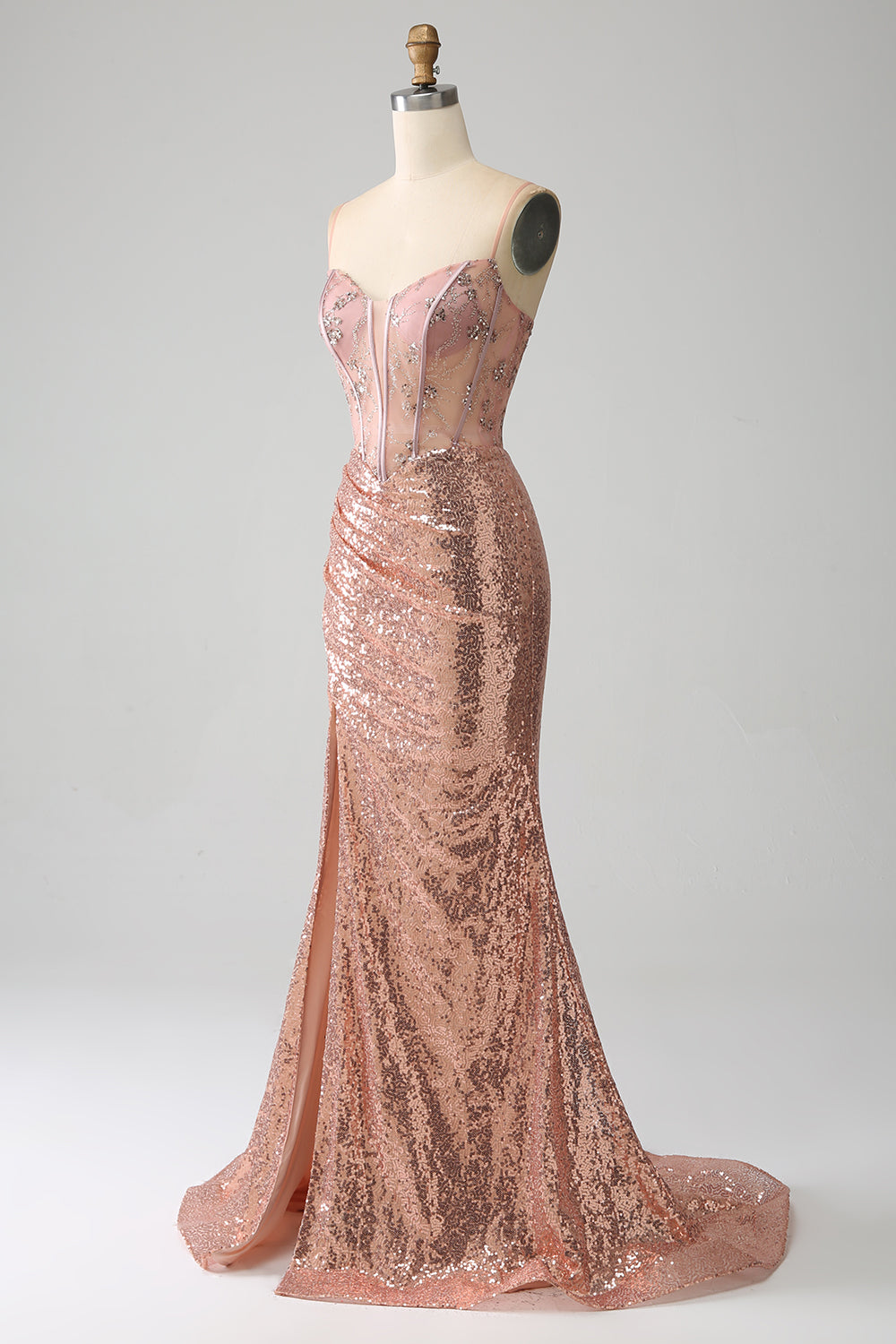 Rose Gold Mermaid Beaded Ruched Sequin Corset Prom Dress With Side Slit