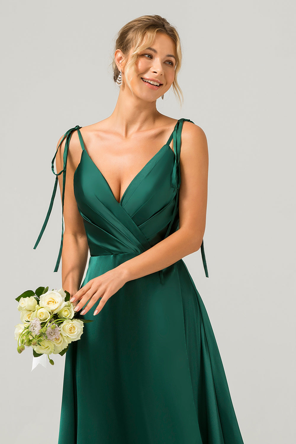 Dark Green A-Line Spaghetti Straps Ruched Long Bridesmaid Dress with Slit