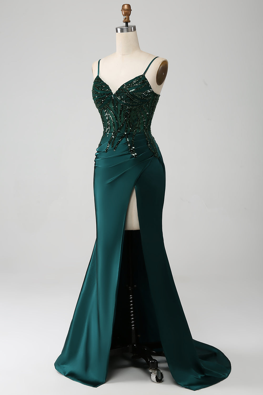 Sparkly Dark Green Mermaid Sequin Pleated Corset Prom Dress With Slit