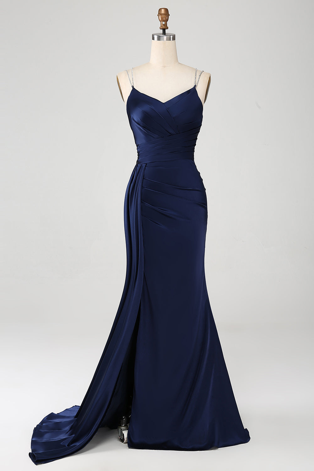 Navy Mermaid Ruched Long Prom Dress With Slit