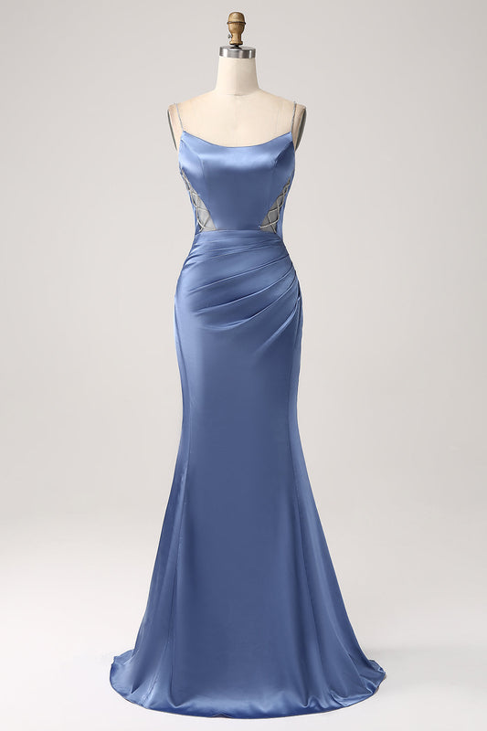 Mermaid Grey Blue Satin Spaghetti Straps Long Prom Dress