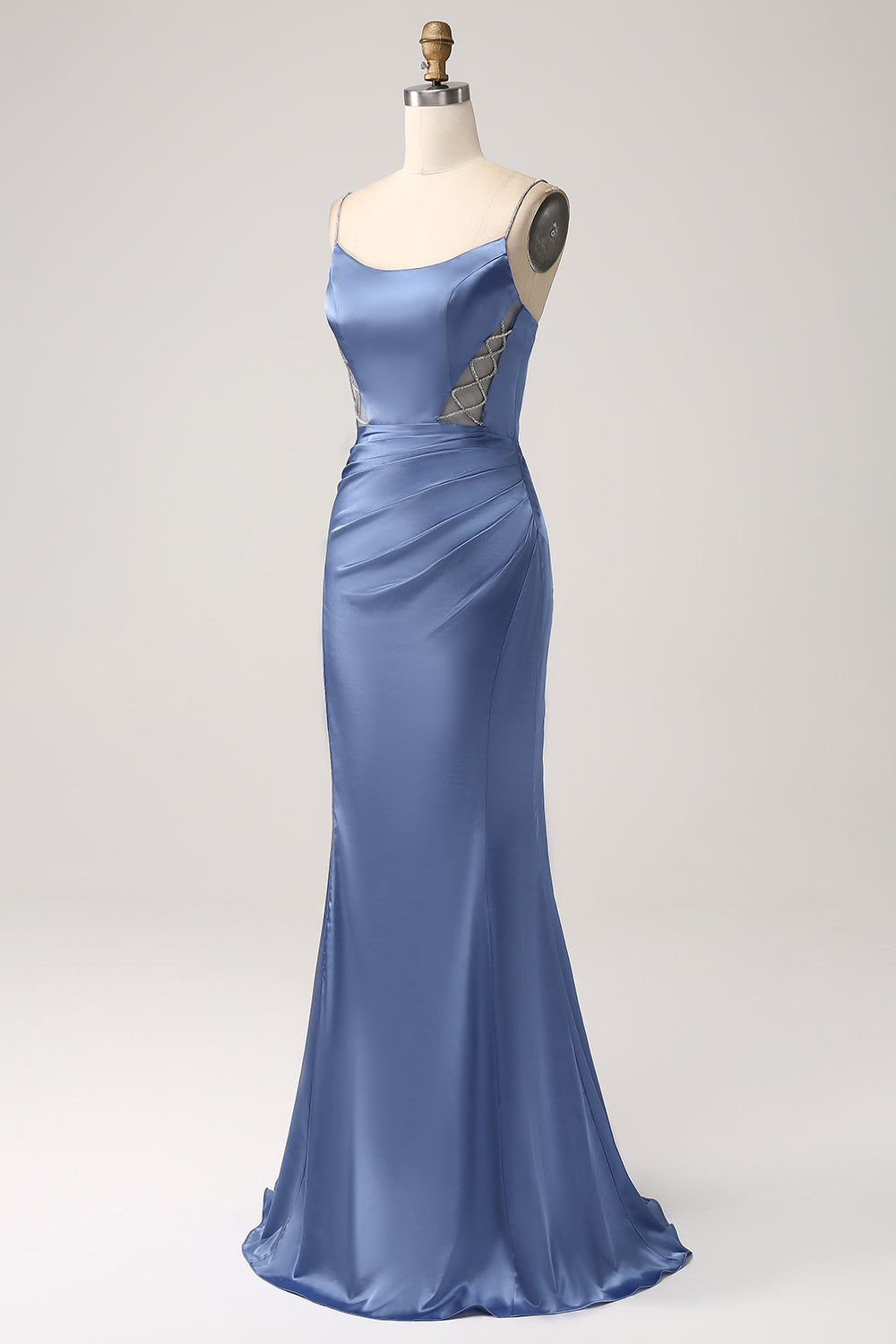 Mermaid Grey Blue Satin Spaghetti Straps Long Prom Dress