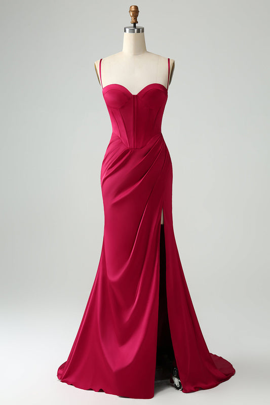 Burgundy Mermaid Spaghetti Straps Long Corset Prom Dress with Slit