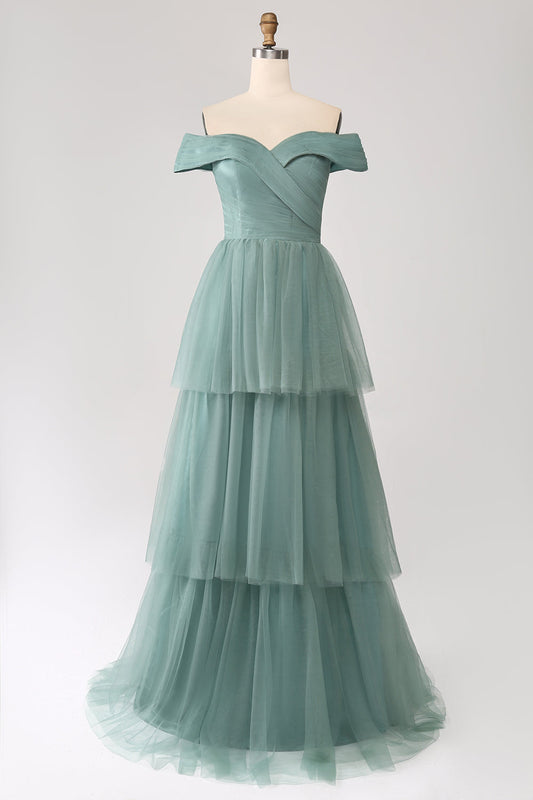 Grey Green A Line Off the Shoulder Tiered Tulle Prom Dress