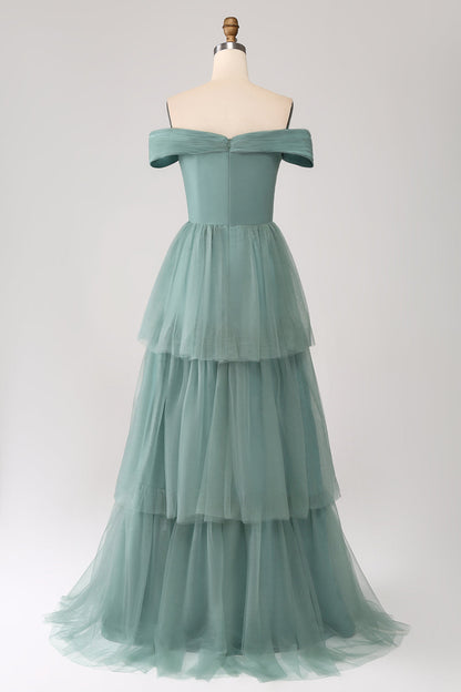 Grey Green A Line Off the Shoulder Tiered Tulle Prom Dress