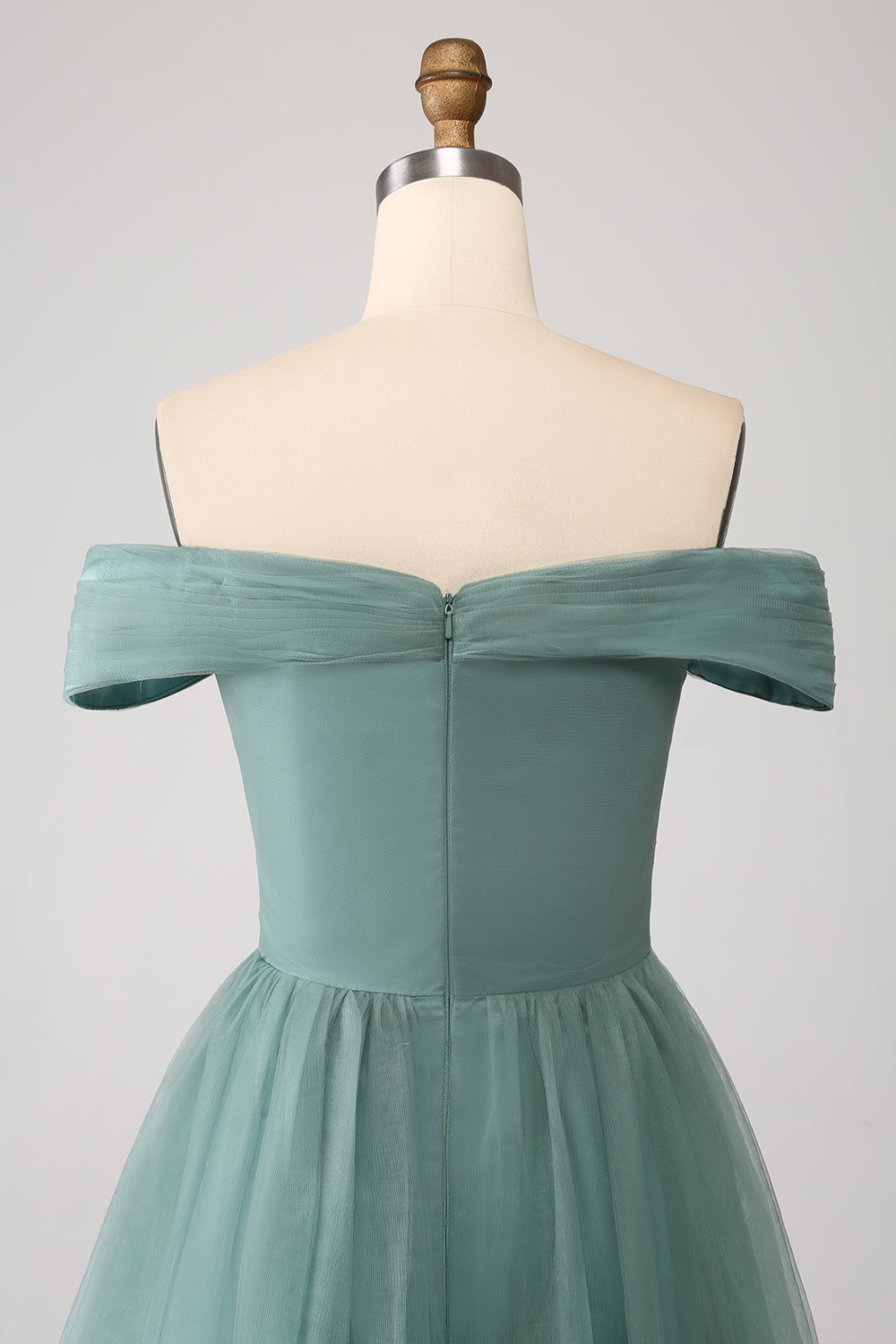 Grey Green A Line Off the Shoulder Tiered Tulle Prom Dress