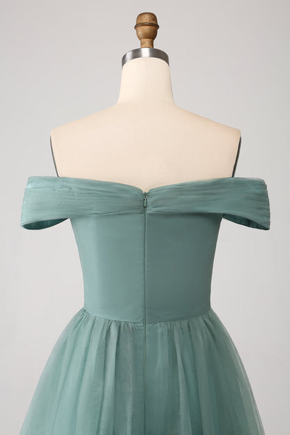 Grey Green A Line Off the Shoulder Tiered Tulle Prom Dress