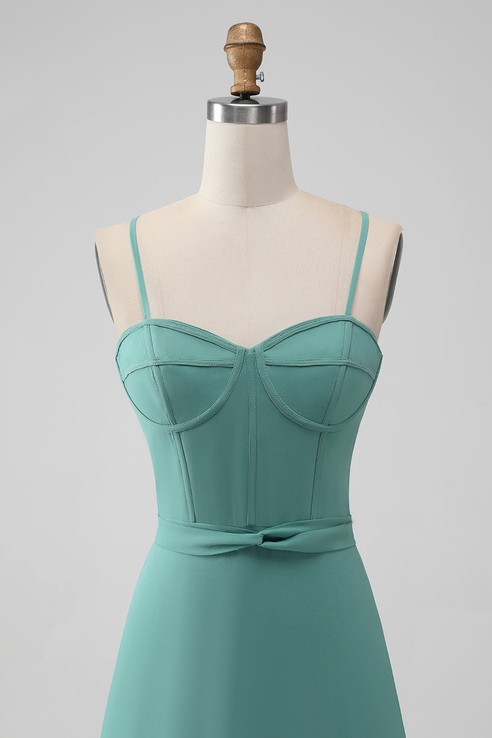 Grey Green Spaghetti Straps A Line Bridesmaid Dress with Ruffles