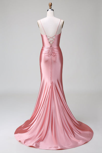 Blush Mermaid Spaghetti Straps Satin Prom Dress with Slit