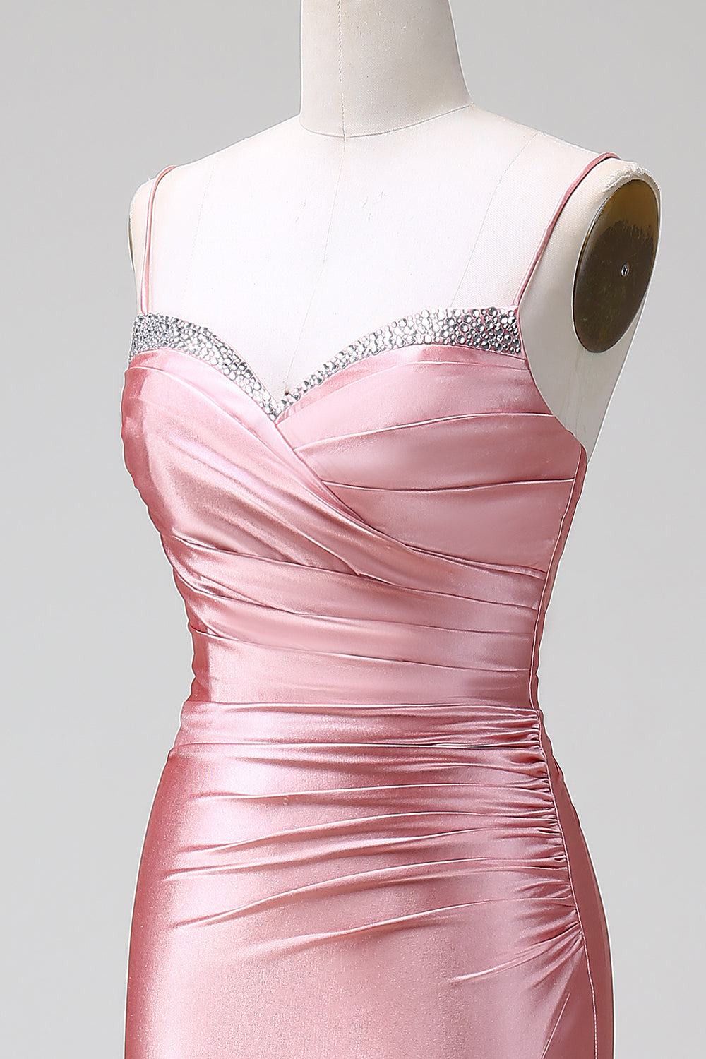 Blush Mermaid Spaghetti Straps Satin Prom Dress with Slit