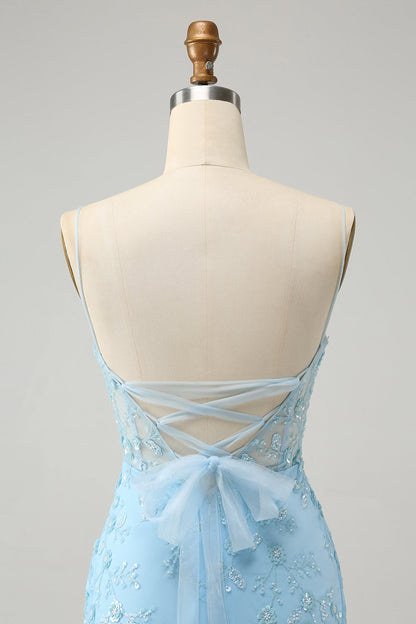 Blue Spaghetti Straps Bodycon Homecoming Dress with Lace-Up Back