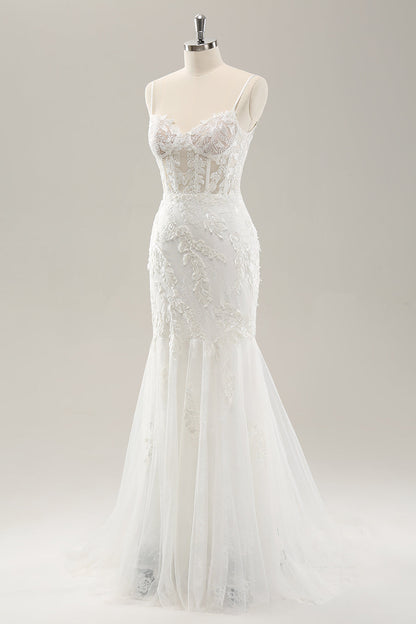White Mermaid Corset Tulle Wedding Dress with Applique Lace