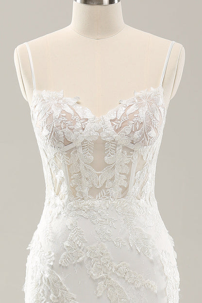 White Mermaid Corset Tulle Wedding Dress with Applique Lace